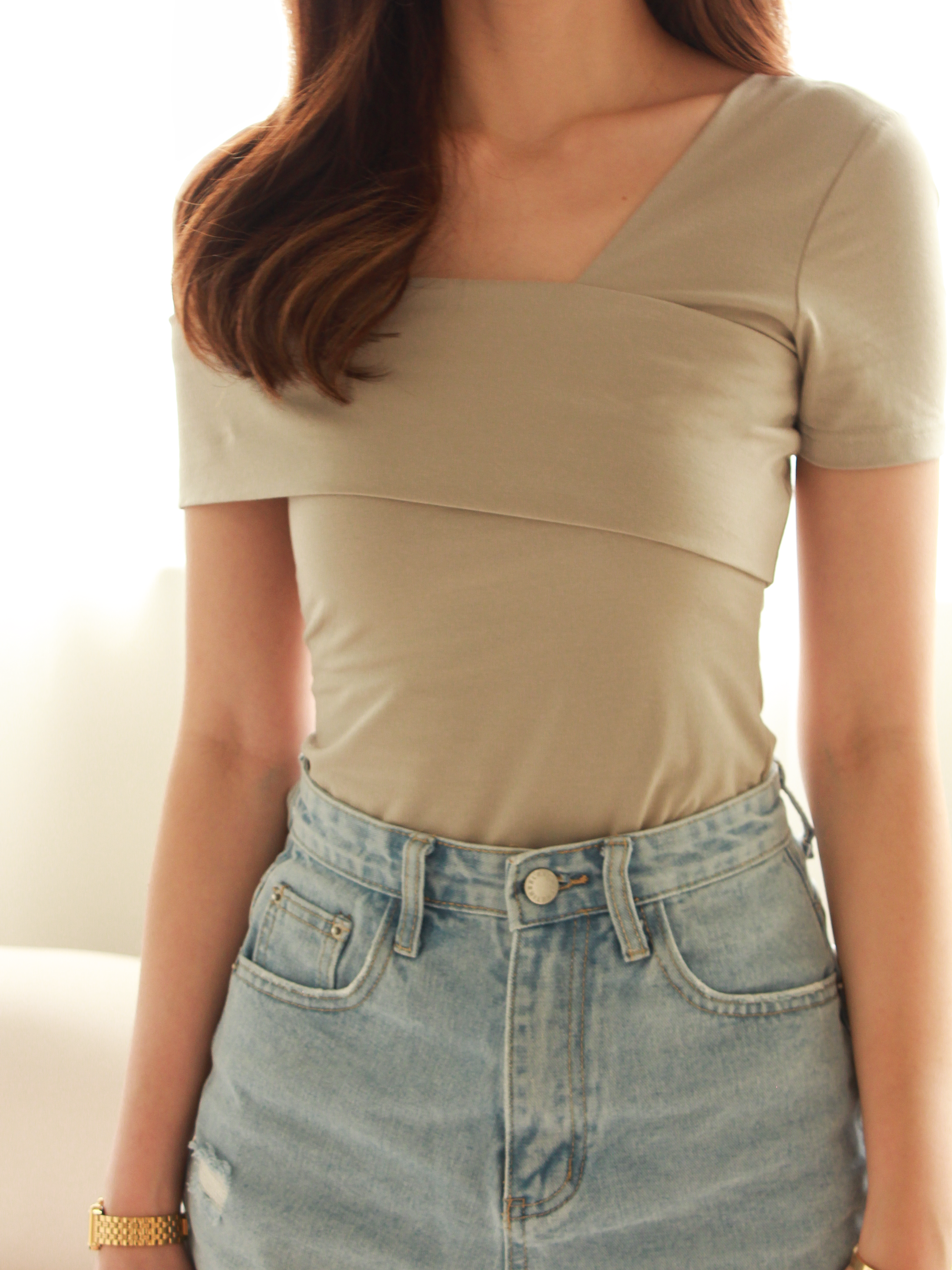 Asymmetrical Off-Shoulder Top in Taupe | WheresCinderella