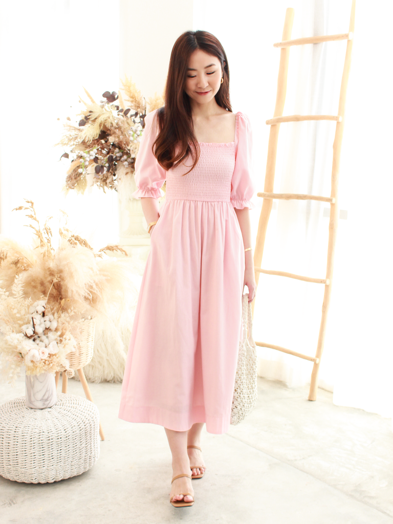 Terry Smocked Midi in Pink