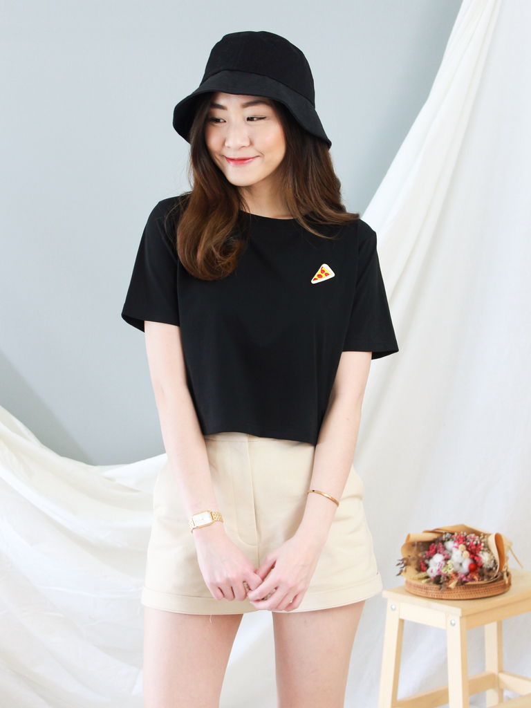Pizza Embroidered Crop Tee in Black