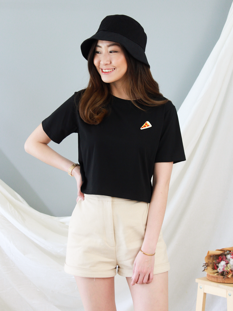 Pizza Embroidered Crop Tee in Black